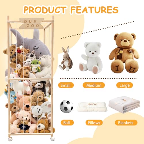 Wooden Stuffed Animal Storage Zoo with Wheels - Large Toy Organizer Cage
