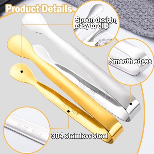 Gold 12Pcs Mini Stainless Steel Serving Tongs 4.3 Inch for Appetizers & Ice
