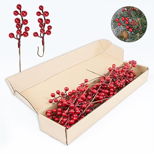 LLZLL Red Artificial Holly Berry Stems 6.5 Inch Christmas Tree Decorations, Pack of 32
