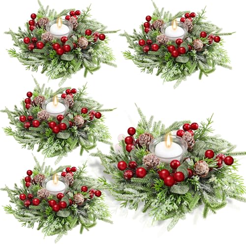 4-Pack Mini Christmas Candle Ring Wreaths with Berries & Pinecones