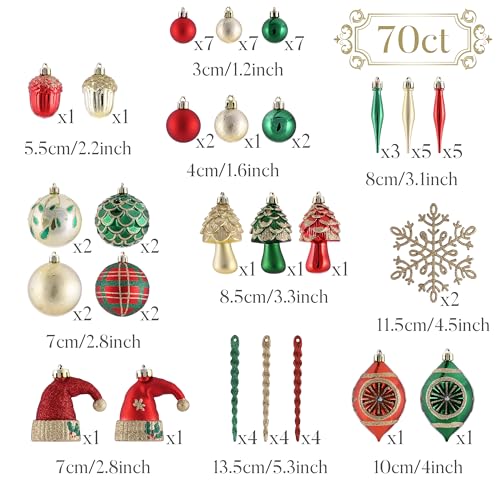 Valery Madelyn 70ct Christmas Tree Ball Ornaments Set - Rustic Red Green Gold, Large Variety