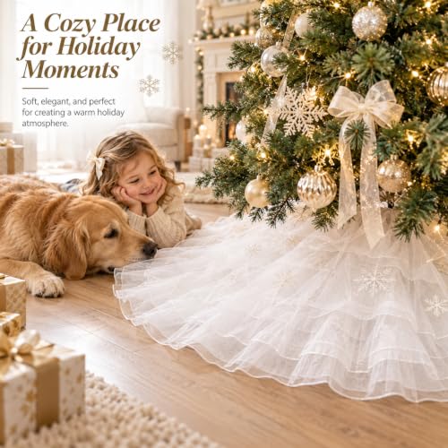 AISENO 36 Inch Fluffy Tulle Christmas Tree Skirt - Elegant Vintage White