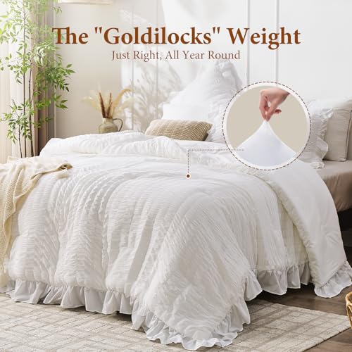 White Ruffle Seersucker Queen Comforter Set - 3-Piece Soft Bedding Set