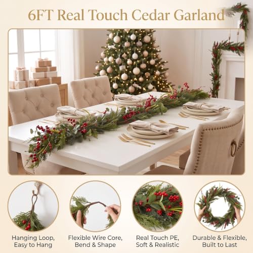 6FT Norfolk Pine Christmas Garland with Eucalyptus Red Berries - TAPBUY Christmas Garland (Variation: Christmas Garland) Indoor Holiday Decor
