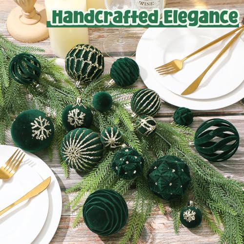 36 Pcs Hunter Green Velvet Christmas Ornaments Set - Flocked Ball Ornaments 1.57in-3.16in with 9 Shapes