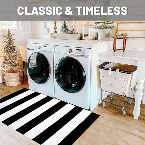 Black and White Striped Door Mat 27.5 x 43 Inch Washable Cotton Rug