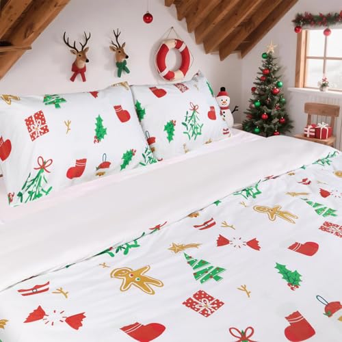 HITIME 100% Polyester Duvet Cover Set - Queen 3pc Christmas Cartoon Print, Lightweight & Breathable