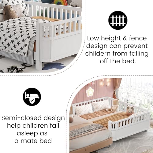 Full Size Montessori Bed Frame with Detachable Rails, Solid Wood Low Profile