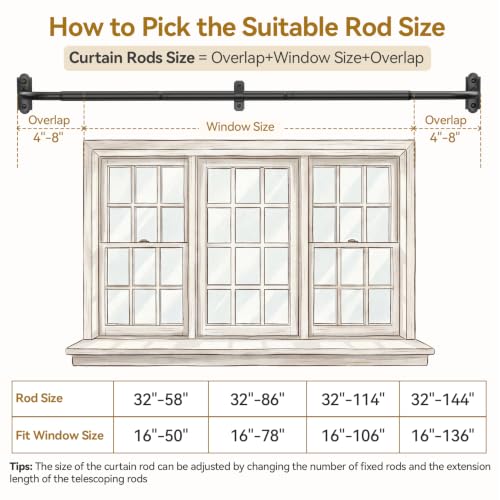 Adjustable Heavy Duty Blackout Curtain Rod, 32-86 Inch Wrap-Around Metal Rod
