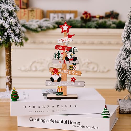 Wooden Christmas Tree Gnome Tabletop Decoration with Holiday Greeting