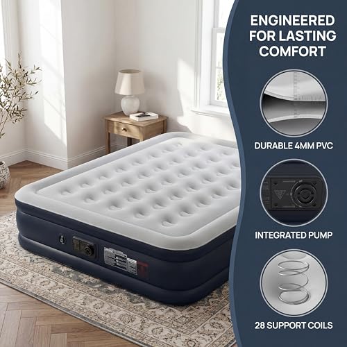 16-Inch Queen Air Mattress with Built-in Pump - Portable Flocked Inflatable Bed