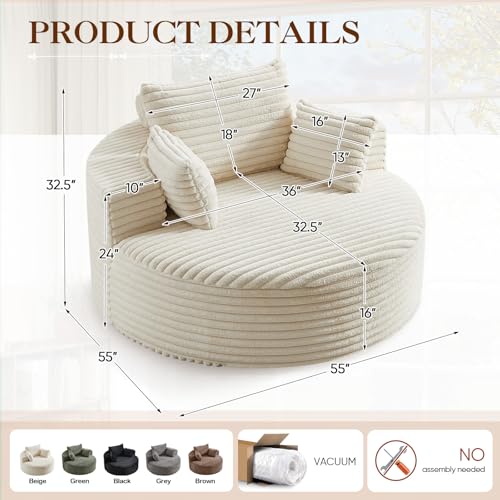 Oversized Round Corduroy Lounge Chair - 55-Inch Deep Seat Floor Sofa