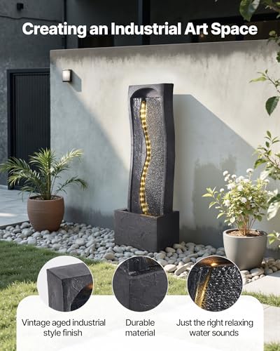38-inch Outdoor Water Fountain with LED Lights and Waterfall Pump