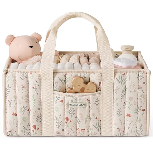 Floral Diaper Caddy Organizer Quilted Nursery Storage Basket Beige