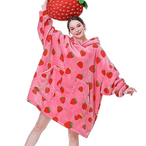 Oversized Strawberry Wearable Blanket Hoodie with Pockets and Sherpa Lining