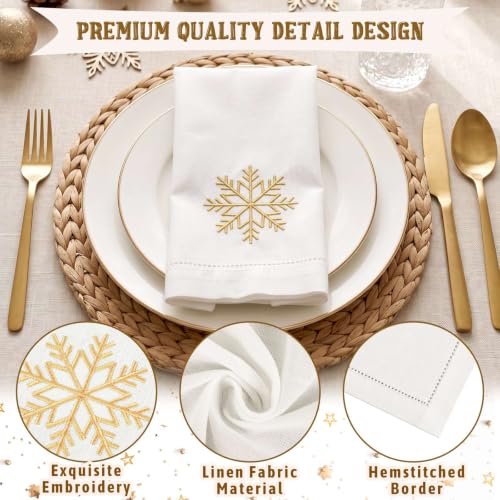 CrystalSylara 6-Pack Snowflake Embroidered Linen Napkins 18x18 inches — Festive Christmas Table Decor