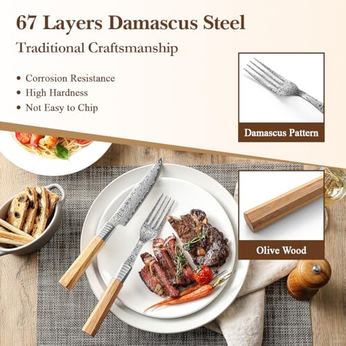 HEZHEN 5.3" Damascus Steel Steak Knife Set with Fork & Olive Wood Handle