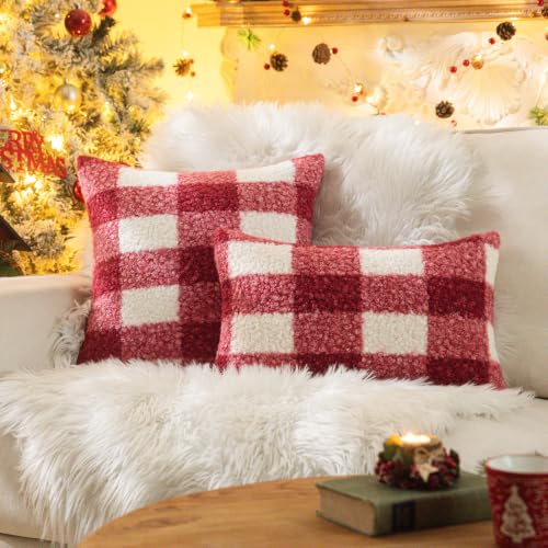 AQOTHES Red White Plaid Christmas Throw Pillow Covers 24x24 Inch Set of 2