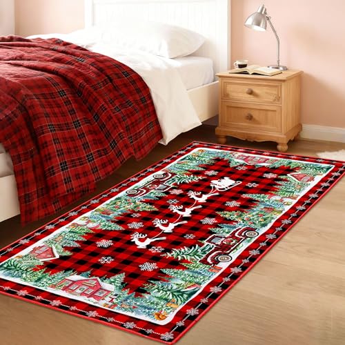 3'x5' Red Plaid Truck Christmas Area Rug - Non-Slip, Low-Pile, Washable