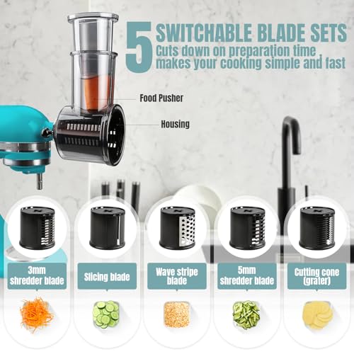 Vegetable Slicer and Shredder Attachment for Stand Mixers, 5 Stainless Blades