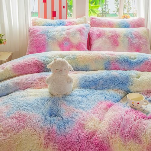 Faux Fur Rainbow Comforter Set for Kids - 3PC Twin/Full
