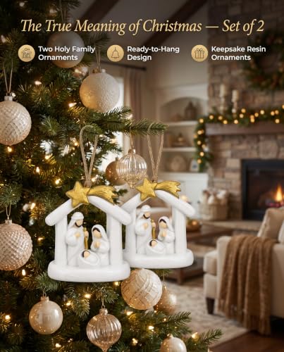 GoGnome Nativity Ornaments 2-Pack – White Arch Stable Holy Family with Gold Star