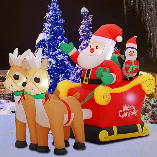 SUNGIFT 6ft Inflatable Santa Sleigh with Reindeer & LED Lights Christmas Decor