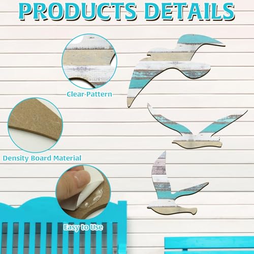 3-Piece Wood Seagull Wall Art Set, Coastal Nautical Beach Home Decor