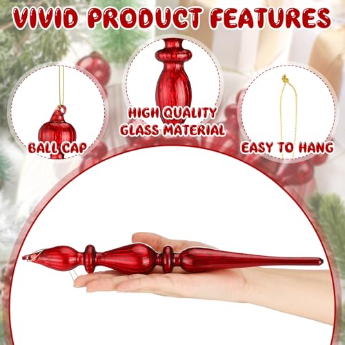 Red 11 Inch Mercury Glass Finial Christmas Ornaments — Set of 6 by Yousoontic (Red)
