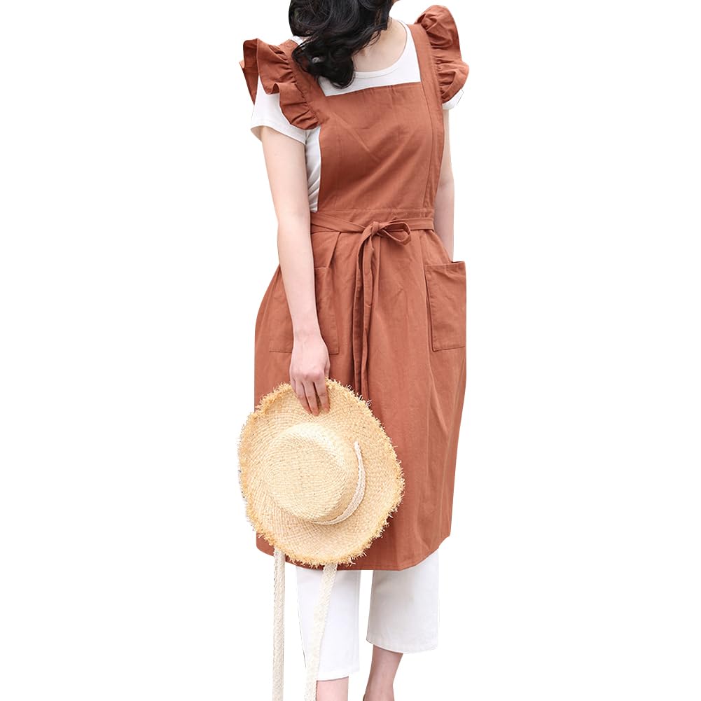 ODIZLI Apron Cute Dress for Women Frill Cross Back Cotton Linen Japanese Apron With Pockets Maid Pinafore Apron Housewife Garden Cooking Baking Pottery Pinafore Apron Brown One Size