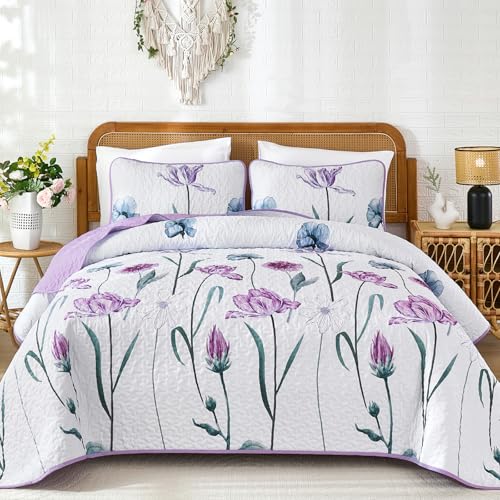 Purple Floral Queen Quilt Set, 3-Piece Reversible Coverlet Set