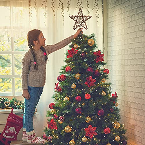 Natural Rattan Christmas Tree Topper Star with 10 Warm LED Lights, 10 Inch