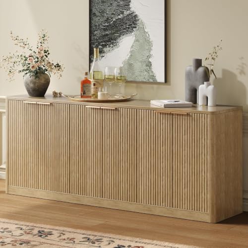 67-Inch Fluted Oak Buffet Cabinet - 6-Door Wood Sideboard Credenza
