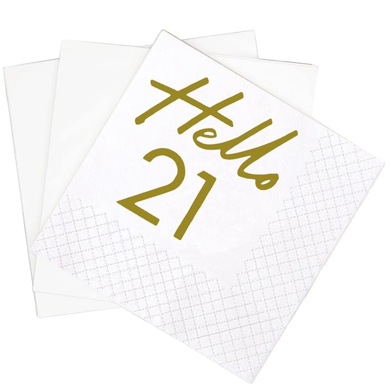 SharkBliss 21st Birthday Cocktail Napkins, 100 Pack Gold Hello 21 Birthday Disposable Paper Beverage Cocktail Napkins for His Her 21st Birthday Party Decorations | 2-Ply, 5x5" (Hello 21)
