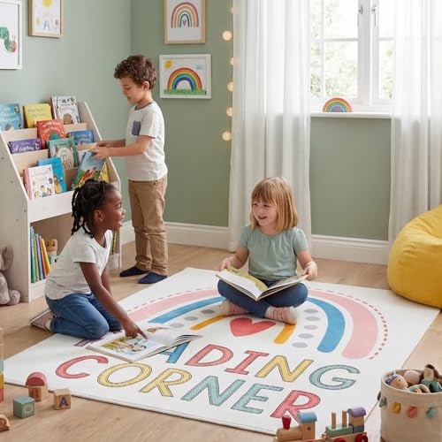 Rainbow Reading Corner Rug 47"x39" - Non-Slip Boho Classroom Floor Mat