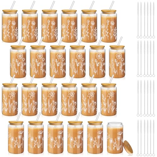 24 Pcs Boho Floral Glass Cups with Lids & Straws - 16 oz Coffee Tumblers - Variation of 24 / Boho Floral