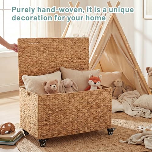 Rolling Woven Water Hyacinth Storage Trunk with Lid, 36-Inch Large Basket