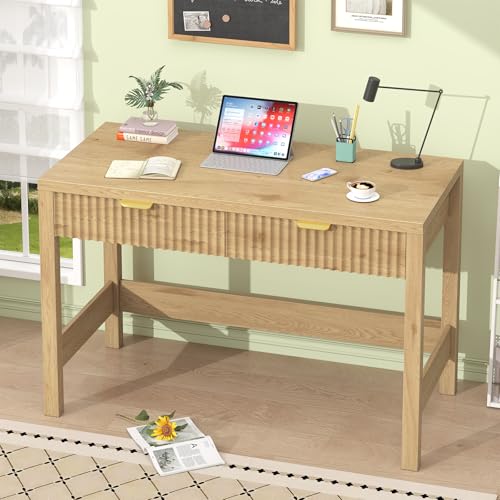 39-Inch Small Fluted Computer Desk with 2 Drawers, Oak Writing Desk
