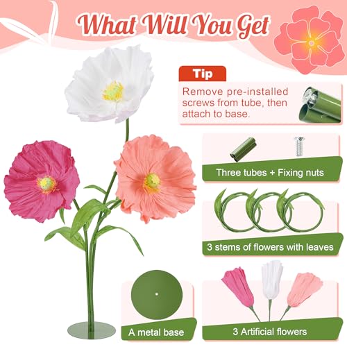 Giant Artificial Paper Flowers Set of 3 - 5.6 Ft Wedding & Party Decor, White & Pink