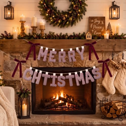 Merry Christmas Banner with Gingham Pattern - Pre-Strung Burgundy Garland, 3D Cotton Decor