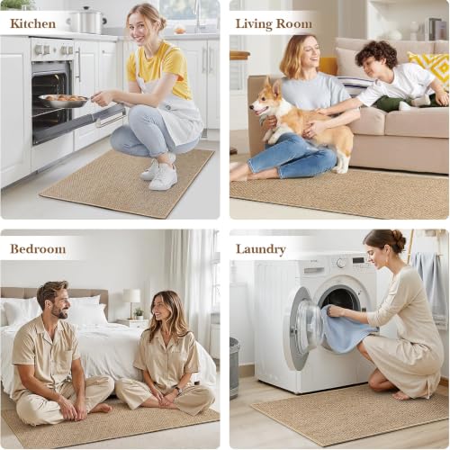 Washable Kitchen Rug Set of 2, Non-Slip Chenille Floor Mats, Khaki