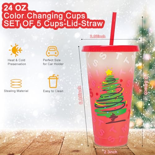 KJRIVER 5 Pack Christmas Color Changing Cups with Lids & Straws 24oz (Color Changing)