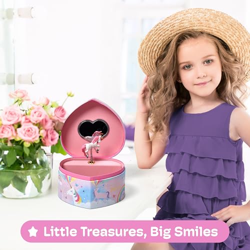 Heart-Shaped Musical Jewelry Box for Girls with Twirling Unicorn Figurine