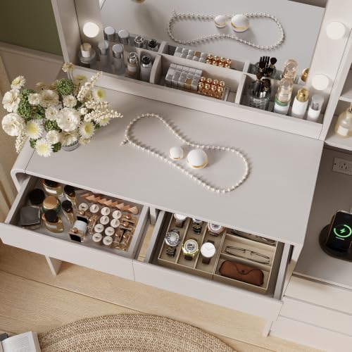 Farmhouse Vanity Desk with Lighted Mirror, Charging Station & 5 Drawers