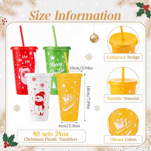 Sliner 40 Pack Christmas Plastic Cups with Lid & Straw - Cute Style, 24oz Reusable Holiday Drinkware