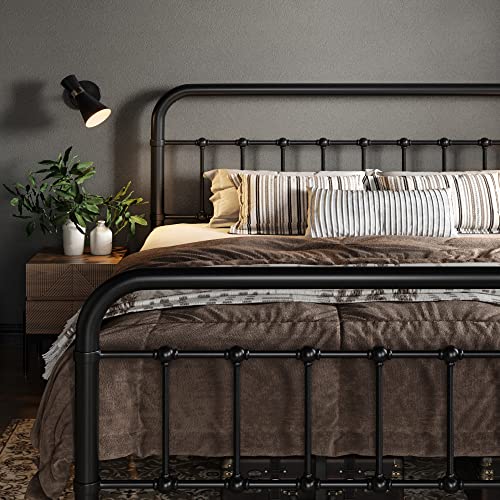 Queen Metal Bed Frame, Vintage Victorian Iron Platform Bed with Headboard