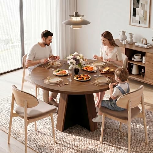 47-Inch Round Dining Table for 4-6, Modern Farmhouse Kitchen Table, Walnut