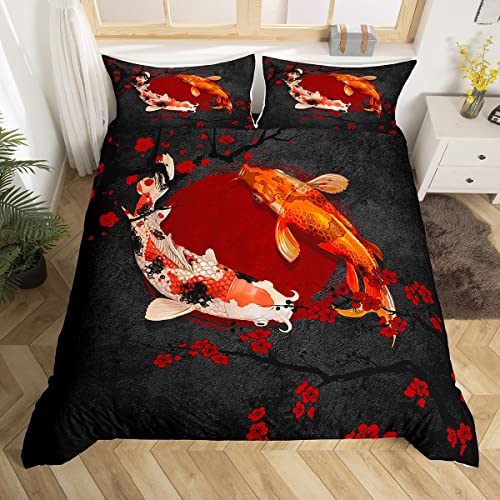 Manfei Koi Fish Duvet Cover Set Full 80x90 - 2 Pillowcases, Red Black 3D Print
