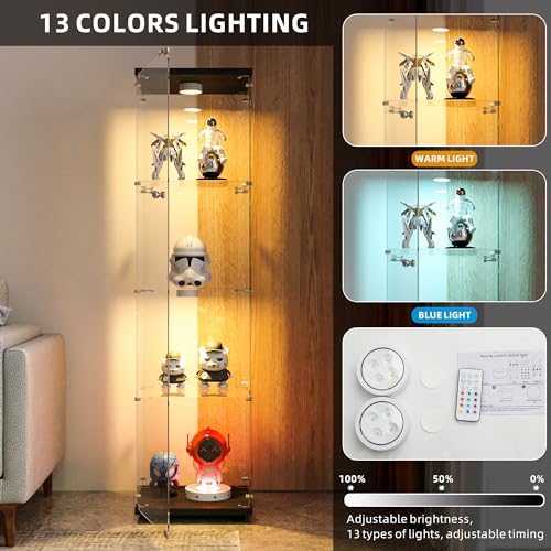 4-Tier Glass Display Cabinet with LED Lights and Tempered Glass Doors