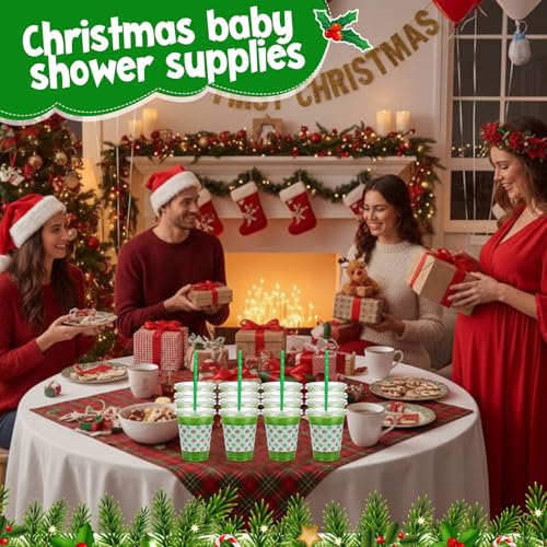 Christmas Plastic Cups with Lids and Straws 12oz Set - Lime Green & Red, Classic